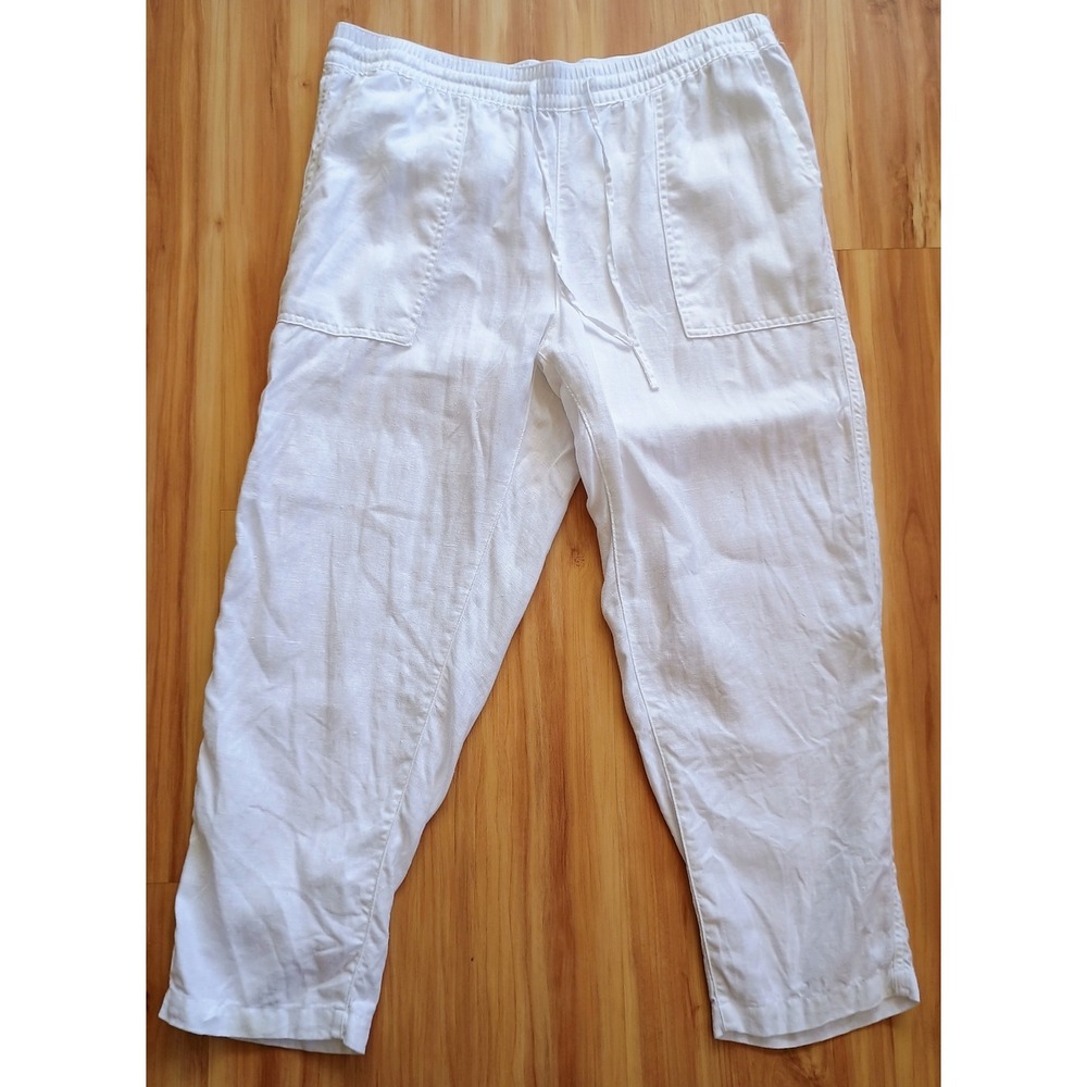 Lands End Women 14 White 100% Linen Drawstring Pull On Pocket Cropped Pants